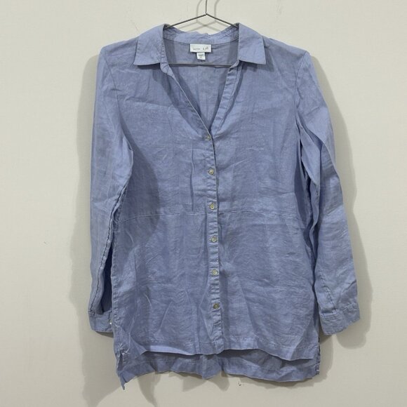 J. JILL Linen Top Missy XS Light Blue 3/4 Sleeve High Low Hem V-Neck Button - Picture 1 of 9